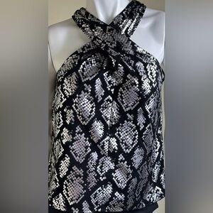 New Michael Kors Womens Black Silver Metallic Mob Wife Blouse Shiny Zip Medium